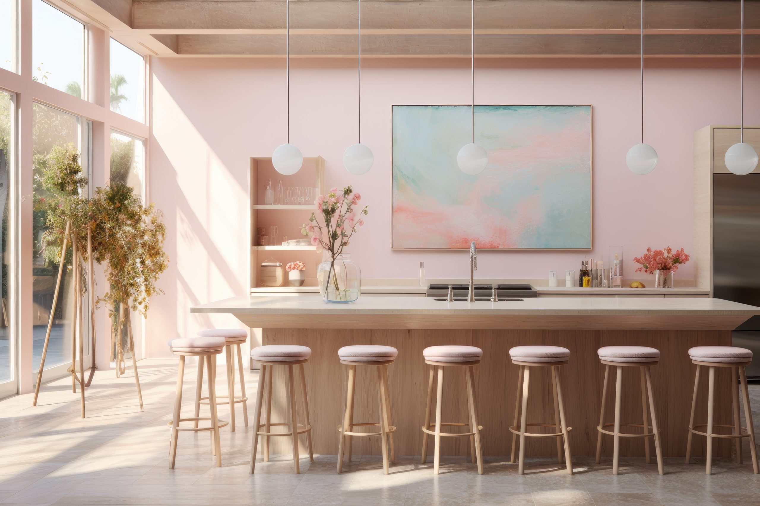 Environmentally Conscious Pink Pastel Kitchen Interior with Cotton Candy Colored Wall Art and Multiple Bar Stools with Styled Built in Shelves