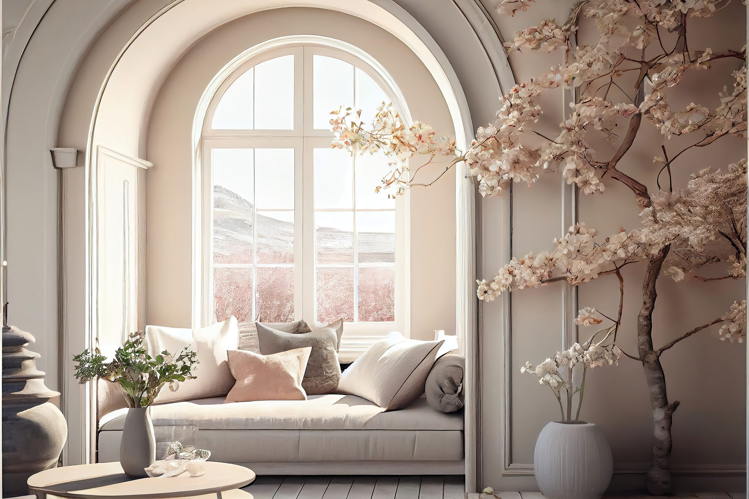 beautiful luxury beige interior with spring time flower decoration